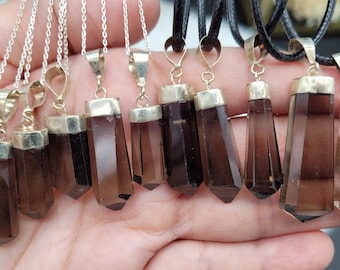 Colar de quartzo esfumaçado ~ 18 ". Corrente de prata esterlina 925 ou acorde preto ~ Escolha sua peça ~ Paquistão ~ Ponto de cristal de quartzo terminado