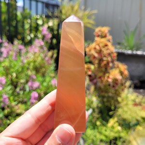 Banded Orange Calcite Tower // 4&quot; (105mm) Honey Mineral Crystal Point / Pakistan / Solar Plexus Chakra Obelisk