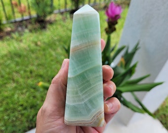 Torre de calcita de pistacho 4,75" (120 mm) // Obelisco mineral de cristal de punta / Azul verde Caribe Pakistán