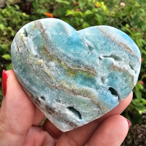 Blue Smithsonite Heart 2.5&quot; Natural Polished Mineral Crystal Turquoise Aragonite Palm Pocket Worry Stone Gemstone Healing Beach Decor