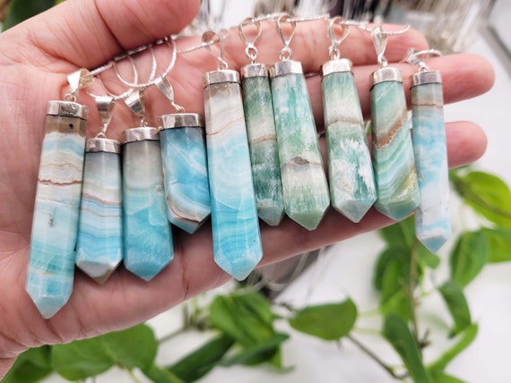 Caribbean Calcite Necklace ~ 18" .925 Sterling Silver Chain ~ Choose Your Piece ~ Pakistan ~ Italy ~ Pistachio Crystal Jewelry ~ Aragonite