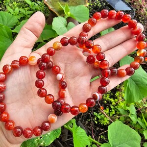 May include: Three red carnelian bracelets with white stripes. The bracelets are made of round beads and are stacked on top of each other.