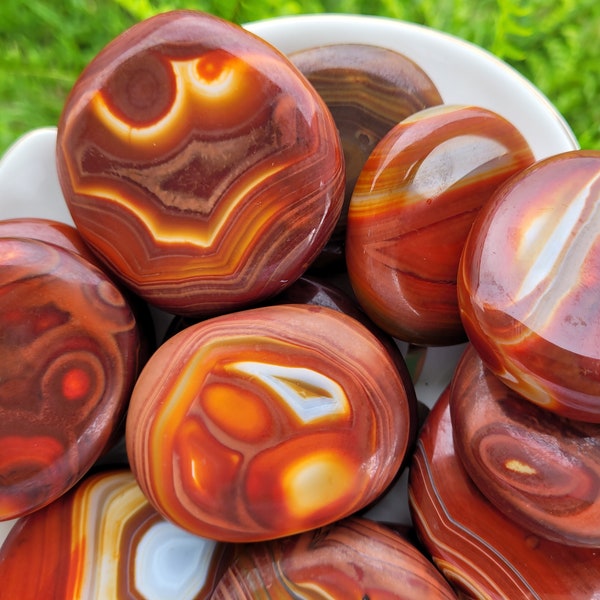 Carnelian Silk Agate Palm Stone 2"-2.5" ~ Sardonyx ~ Red, Orange, Yellow, White ~ Choose Your Size ~ Worry Stone ~ Pocket Crystals