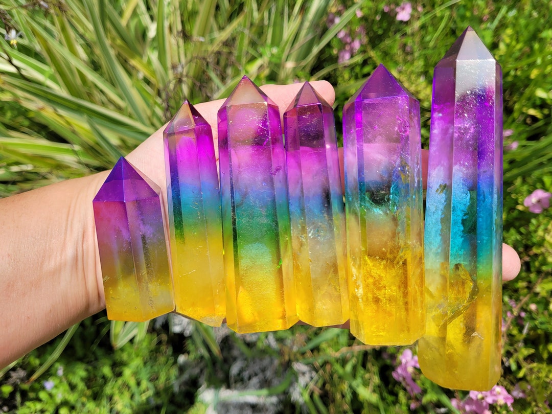Titanium Rainbow Aura Quartz Crystal Obelisk Wand Tower - Point For Reiki Healing & Meditation (7-8cm) With Black Obsidian