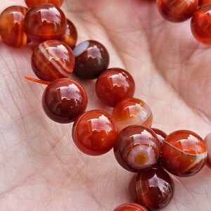 May include: A strand of carnelian beads, featuring a mix of red and white banded agate stones. The beads are round and polished, with a glossy finish.