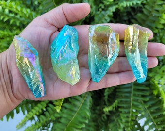 Green Yellow Blue Aura Quartz Points, 1 or 5pc Sets, Angel Aura Crystal, Quartz Crystal, Raw Mystic Aura Quartz, Crystal Gridding, Titanium