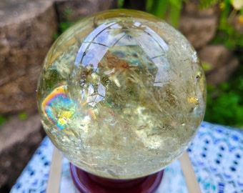 3.5&quot; 1lb 14oz ((1kg)) Citrine Sphere w Wooden Stand ~ Rainbow Crystal Ball ~ Genuine Citrine