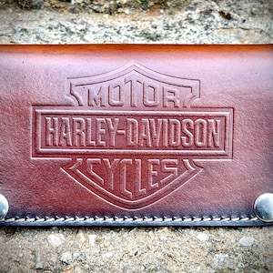 Cartera larga de cuero hecha a mano, billetera estilo puño americano, regalo para motociclistas, regalo para papá, cuero auténtico, regalo personalizado.