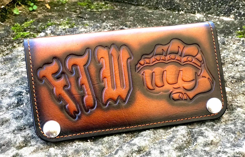Handmade FTW long leather wallet Knuckle duster Dad gift Knuckle Biker Custom Wallet