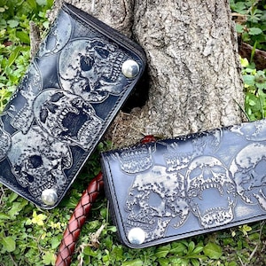 Cartera larga de cuero para motocicleta hecha a mano, regalo para papá, billetera de motociclista, billetera Sculls, billetera de motociclista, billetera personalizada hecha a mano