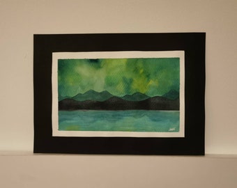 Green landscape painting, original artwork, galaxy watercolour, wall art