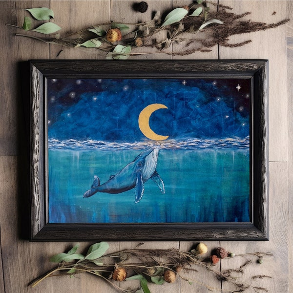 A3 blue whale art print “deep blue”, whale wall art,  whale and crescent moon painting, ocean wall are, seascape whale painting