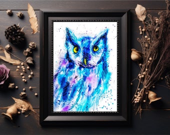 A3 watercolour splash owl art print, fantasy owl wall art, watercolour owl artwork