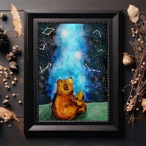 A4 Watercolour bear art print “Stargazing Bears” Watercolour galaxy, constellation painting