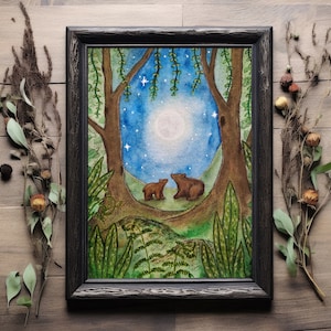 A4 Watercolour bear art print “moon gazing bears” Watercolour galaxy, full moon constellation painting