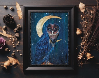 A4 owl watercolour art print “midnight owl” wall art, watercolour owl and crescent moon artwork
