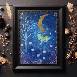 A3 lunar moth art print, moth wall art,  lunar moth and crescent moon painting, whimsical wall art, witchy decor, maximalist home decor art