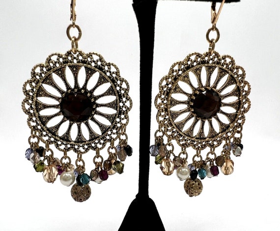 Amber & Gold Filigree Earrings Blue Crystal Faux … - image 5