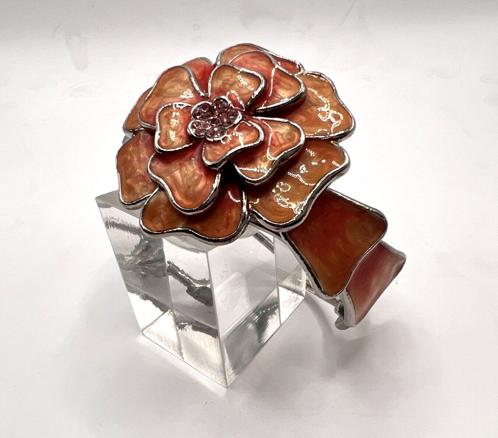 Vtg Orange Enamel Flower Bangle Bracelet W/ Small Glass Etsy