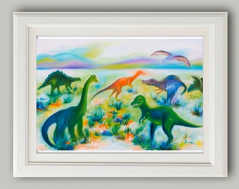 Nursery dinosaur print, dinosaur oil painting print, dinosaur art,Dino art print kids room decor