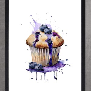 Muffin Print Watercolor  Cupcake  Colorful Cupcake Poster Pastry Wall Art Patisserie Kitchen Home Decor, watercolour blueberry muffin print,