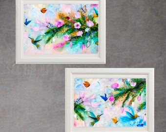 Hummingbird set of 2 prints,  birds and flowers print, bird illustrations,  animal art, bird illustrations, colorful bird set,