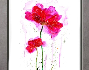 Red pink flower print, floral print, watercolour flower print, abstract flower wall art, modern print