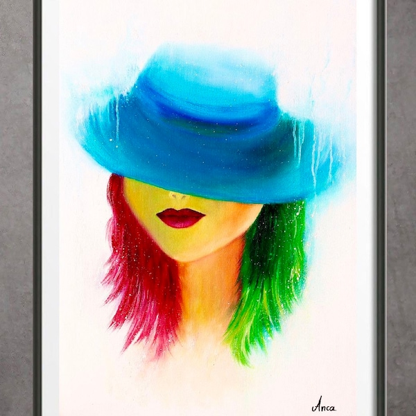 Girl with the hat print, girls bedroom decor, pop art, print of my original painting, fashion wall art