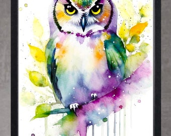 Owl print- watercolour abstract painting, bird print, bird wall art, woodland decor, bird art, barn owl gift,