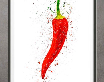 Red Chilli Print, Poster Kitchen Print, Watercolor print Chilli peppers wall art,  Vegetarian painting, Watercolor print