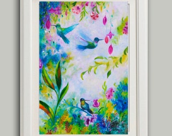 Hummingbird Print - Hummingbird Art - Hummingbird Poster - Housewarming Gift - Vibrant Bird Print- oil painting print A4 a3 print