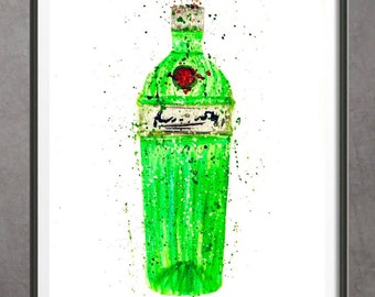 Gin bottle print, gin wall art print, gin lover gift, watercolour gin print, green bottle gin print