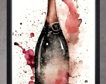 Champagne bottle watercolour print, modern kitchen decor, dining wall art, abstract champagne print