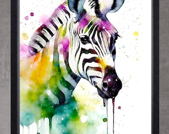 Zebra watercolor painting print, zebra art,animal painting, illustration, home decor, Nursery, gift, Wildlife, zebra wall art print, rainbow