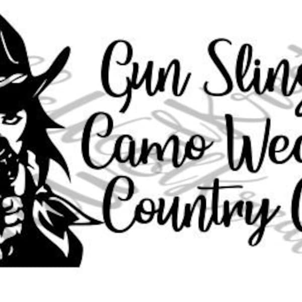 Old Time Cowgirl with a revolver 'Gun Slingin' Camo Wearin' Country Girl' SVG digital decal downloadable file