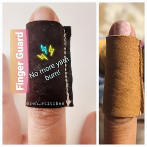 May include: A brown leather finger guard with stitching around the edges. The guard is worn on a finger and is designed to protect the finger from burns while crocheting. The text "No more yarn burn!" is written on the guard.