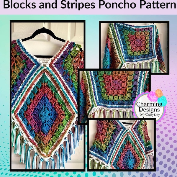 Poncho Blocks and Stripes au crochet - MOTIF UNIQUEMENT - Modèle au crochet avec photos et instructions