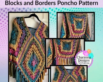 Blocks and Borders Poncho Crochet Pattern - PATTERN ONLY - Crochet Pattern With Photos & Instructions