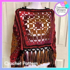 Patroon gehaakte poncho: ontwerp met blokken en strepen (pdf-patroon)
