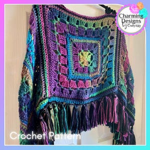 May include: A vibrant crochet poncho in a square pattern, featuring purple, blue, green, and pink hues. It has a fringe of tassels along the bottom. The text "Crochet Pattern" is displayed at the bottom of the image.