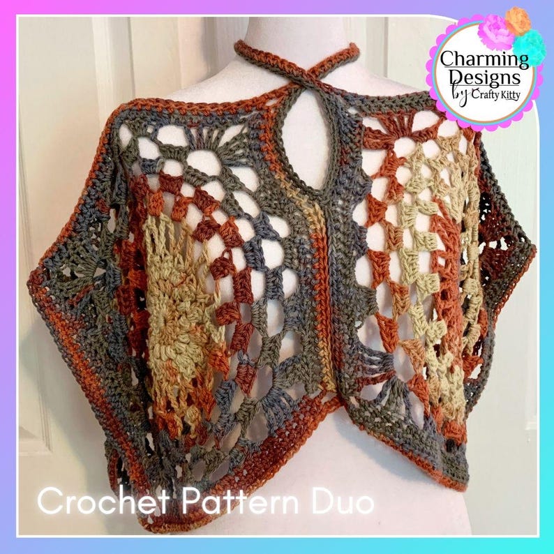 May include: Crochet pattern duo for a colorful, open-stitch top with a keyhole neckline. The top is made with a combination of brown, orange, and gray yarn.