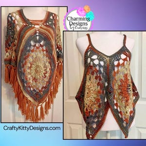 May include: Two crocheted tops in a boho style with a color scheme of orange, brown, gray, and cream. The tops are made with a variety of stitches and have fringe details. The text "Charming Designs by Crafty Kitty" is visible in the image.