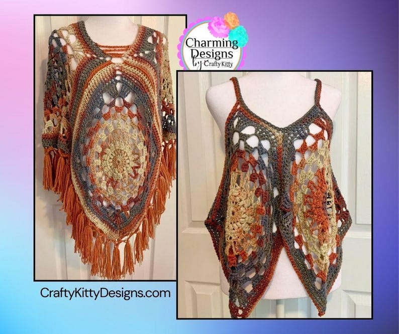 May include: Two crocheted tops in a boho style with a color scheme of orange, brown, gray, and cream. The tops are made with a variety of stitches and have fringe details. The text "Charming Designs by Crafty Kitty" is visible in the image.