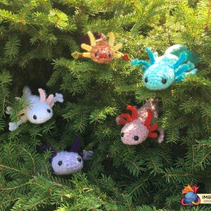May include: Five crocheted axolotl plushies in different colors, including blue, pink, purple, white, and orange, are displayed on a green pine tree branch. The plushies have black eyes and are made with yarn.