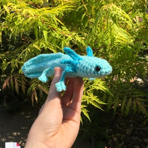 May include: A crocheted blue axolotl plush toy with black eyes. The toy is being held in a person's hand. The background is a green leafy bush.