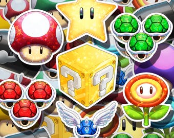 Custom Holographic Super Mario Bros Glossy Sticker - Power Up Items