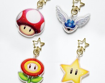 Holographic Super Mario Acrylic Keychains – Mushroom, Star, Flower, Shell Charms