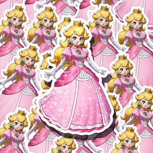 Könnte beinhalten: Ein sich wiederholendes Muster von Prinzessin Peach-Aufklebern. Jeder Aufkleber zeigt die Figur in einem rosa Kleid, einer goldenen Krone und blonden Haaren. Die Aufkleber befinden sich auf einem rosa Hintergrund.