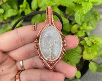 Tree of life, Rainbow moonstone, pendant/talisman withe pentagram back. Or other backing of your choice