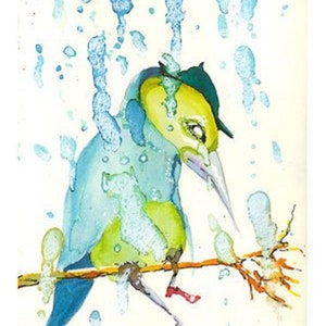Whimsical bird, crying alone in the rain. &quot;Tears Release the Pain&quot;